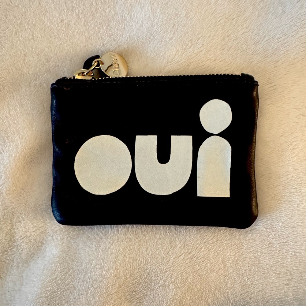 NWOT Clare V Oui Coin Clutch - black with white lettering